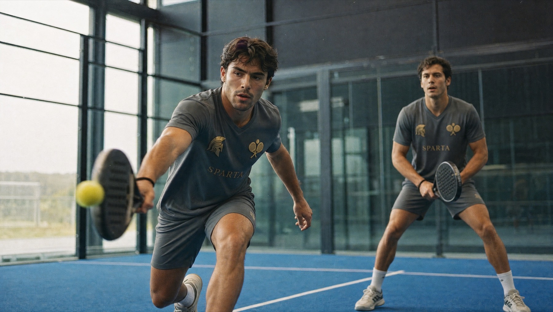 Dos jugadores de Sparta entrenando en cancha, con el jersey gris y los emblemas dorados.
