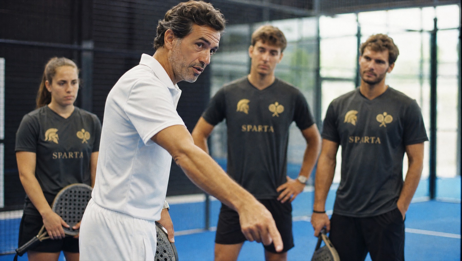 El entrenador, de blanco, dando indicaciones a tres alumnos con el jersey gris de Sparta.