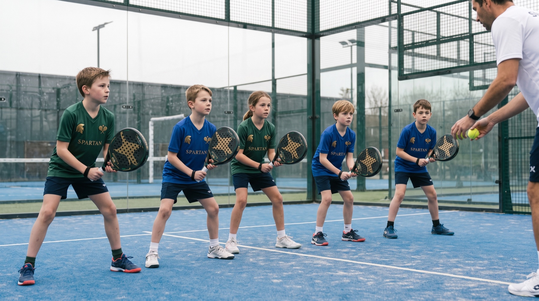 Cuatro niños en posición de espera durante una clase, con el entrenador alimentando bolas al borde de la cancha.
