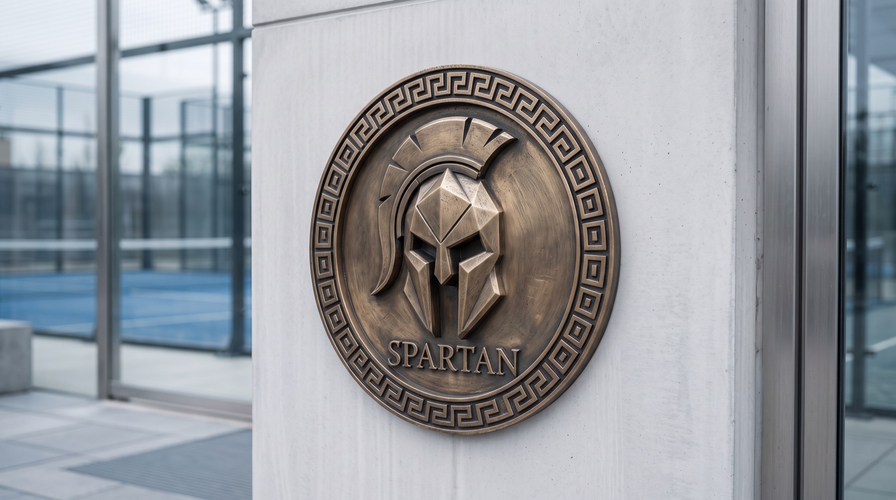 Emblema de bronce de Spartan montado en el muro de concreto de la entrada del club, con una cancha de pádel al fondo.