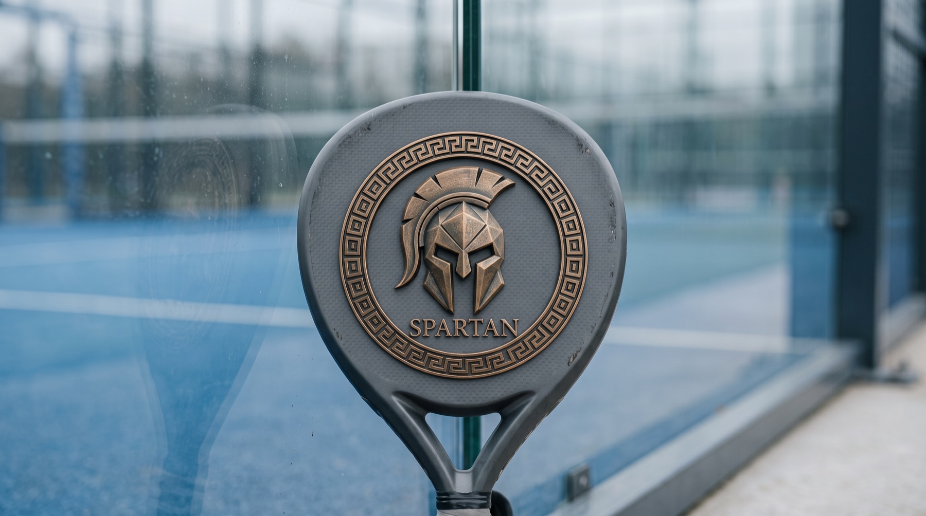 Pala de pádel gris con el emblema dorado de Spartan apoyada en el cristal de la cancha.