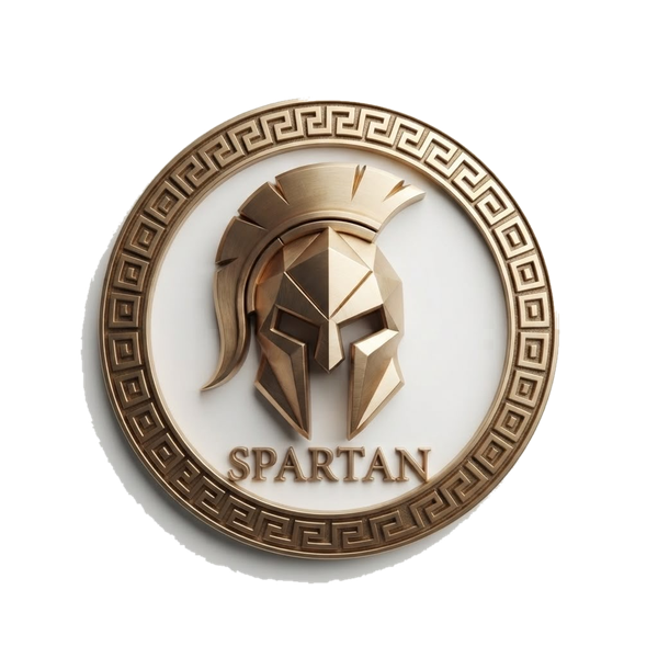 Emblema de Spartan Padel Academy: casco corintio dorado dentro de un círculo con greca griega.